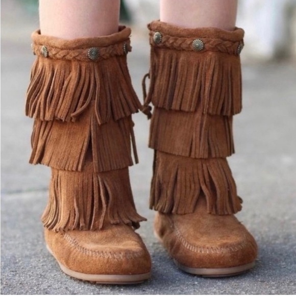 Minnetonka 3-Layer Fringe Bohemian Girls Leather Moccasin Boots Size 10 - Picture 11 of 14